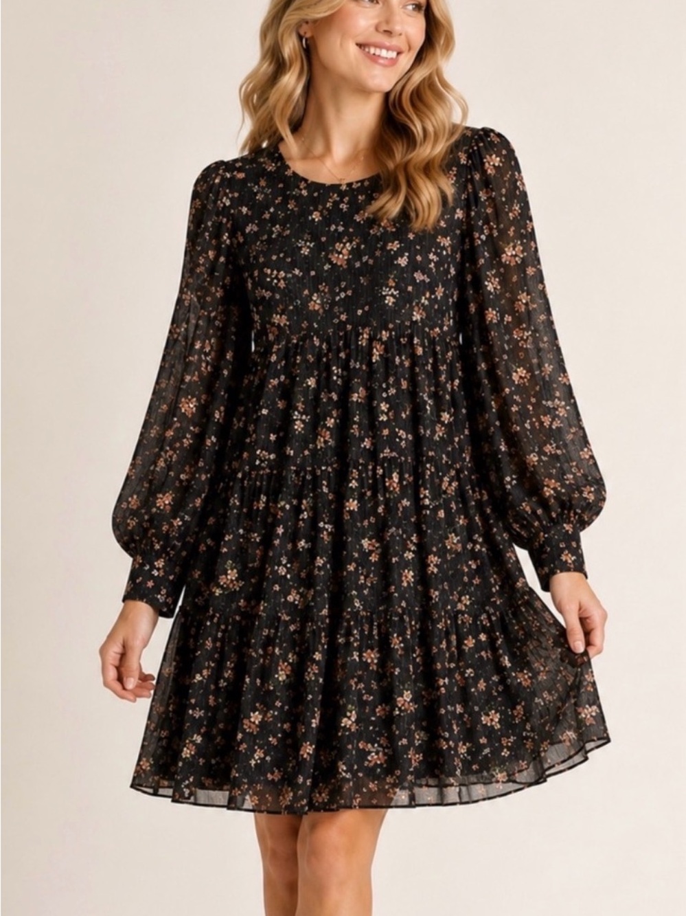 Aakaa Women’s M Black Floral Tiered Chiffon Mini Dress Balloon Sleeve